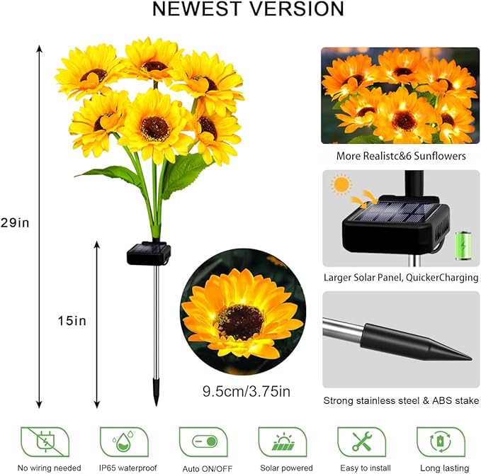 Upgraded Solar Sunflower Lights 1 Pack with 6 Outdoor Decor Flower Lights for Xmas Gift for Mom and Friends, IP65 Waterproof Sunflower Garden Stake Lights for Yard Patio Lawn Pathway (Warm White)