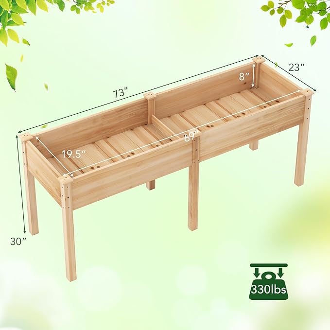 Raised Garden Bed with Legs, Elevated Planter Box with Divider & 8 Drainage Holes, Fir Wood Garden Box for Vegetables, Flowers, Fruits & Herbs (Natural)
