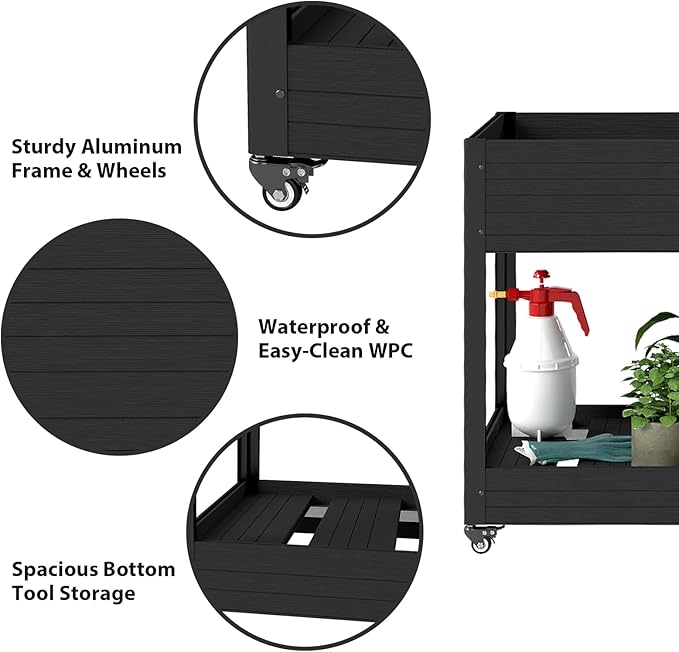 WPC Raised Garden Bed, Waterproof Elevated Planter Box with Legs and Wheels for Outdoor, Standing Patio Planters for Vegetables Flowers Herbs with Drainage Holes, Black