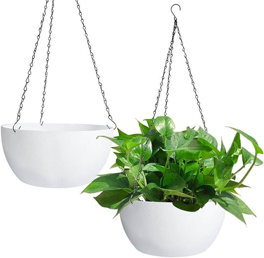 vensovo 12 Inch Large Hanging Planters for Outdoor Plants - 2 Pcs Plastic Hang Planter Flower Pot Baskets with Drainage Holes and Chain, Plant Pots for Home Garden Decor, White