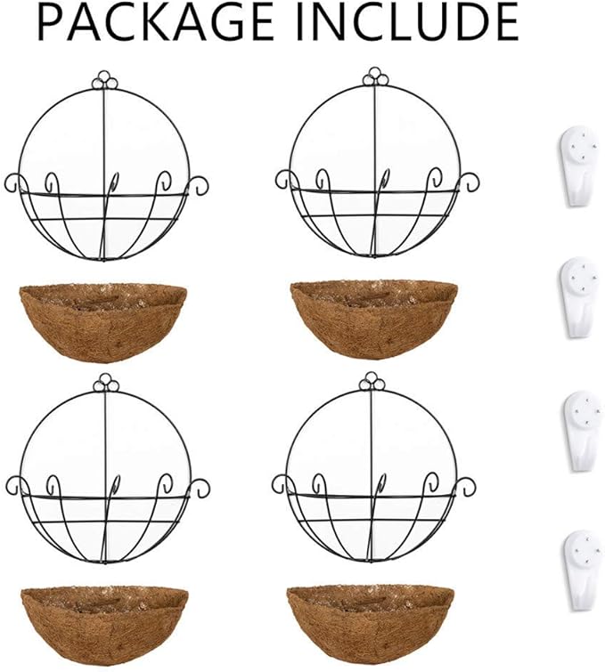 4 Pcs Wall Mount Planter wall hanging planters 12 inch Hanging Pots for Plants Outdoor Hanging Flower Pots, Hanging Basket Planter with Basket Liners for Plants for Porch Patio Back Yard Wedding
