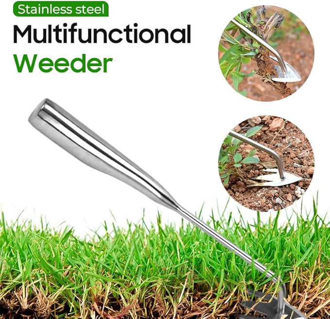 Yilia Weed Puller Tool, 2025 New Garden Weed Pulling Tool Uprooting Weeding Tool, 4 Teeth Weed Puller Tool Manganese Steel with Long Handle, Weeder Tool for Vegetable Garden Yard Planting (13.54inch)