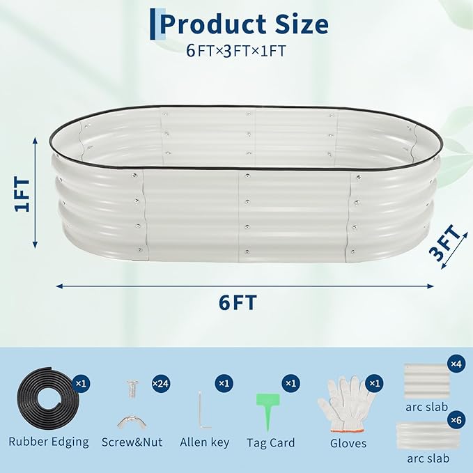 PeakPursuit 6X3x1Ft Galvanized Raised Garden Bed Kit, Metal Raised Garden Bed, Oval Planter Box with Open-Ended Base for Vegetables, Flowers, Herbs & Fruits