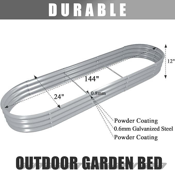 2 Packs 12x2x1FT Galvanized Raised Garden Bed Kit Oval Metal Ground Planter Box Outdoor Bottomless Planter Raised Beds for Vegetables Flowers Herbs Fruits, Gray