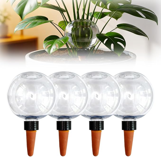 Self-Watering Globes for Indoor Plants, Clear Glass Automatic Watering Planter Insert, Self-Watering System Spikes for Release Terracotta Planter, Watering Bulbs with Slow Release (4PCS)