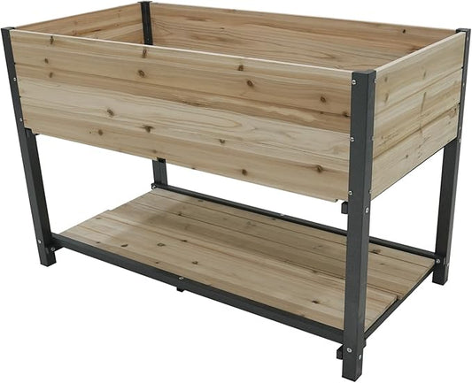 Raised Garden Planter Box with Storage Shelf, 45 inch Elevated Wood Planting Bed, Metal Frame