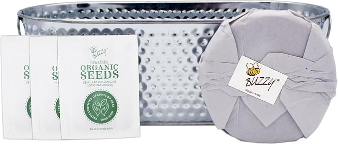 BUZZY Organic Herb Seeds Grow and Grill Kit – Organic Rosemary, Sage & Thyme – Indoor Starter Set with Hammered Metal Planter, Soil & Instructions – Perfect Kitchen Garden Gift