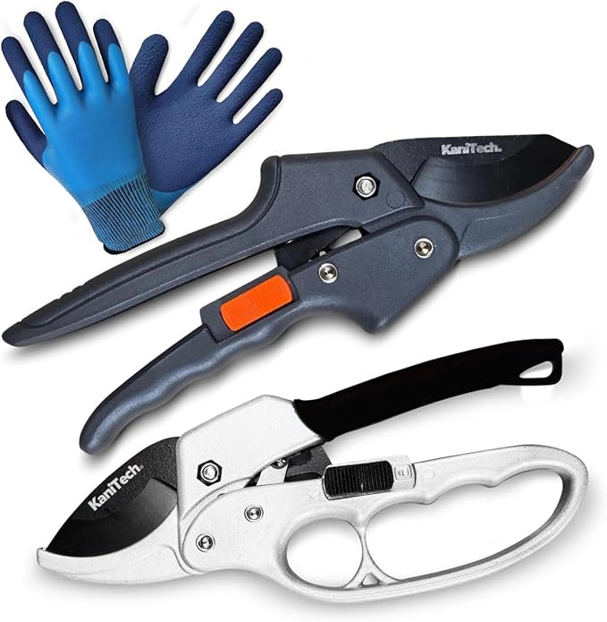 KaniTech Pruning Shears for Gardening with Gloves - Heavy Duty Garden Shears, Aluminum Hand Pruners with TPR Grip Handle, 8 inch 3.55mm Thick Blade - for Branches, Flowers & Plants (Black Set of 2)