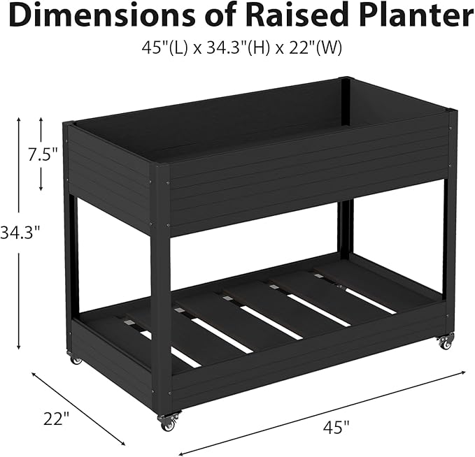 WPC Raised Garden Bed, Waterproof Elevated Planter Box with Legs and Wheels for Outdoor, Standing Patio Planters for Vegetables Flowers Herbs with Drainage Holes, Black