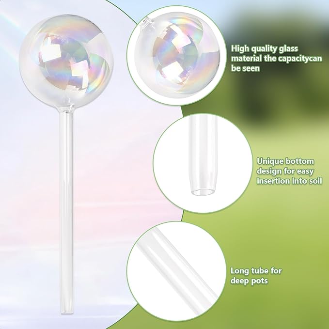Plant Watering Globes, Iridescent Rainbow Glass Water Bulbs Self Watering Spikes Planter Insert Automatic Plant Watering Device for Indoor and Outdoor Plants (4Pcs, Ball Shaped)
