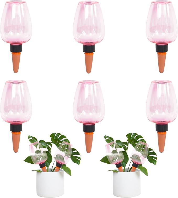 6pcs Plant Self Watering Globes, Plastic Water Bulbs Top Fill, 12.3 oz Plant Watering Devices System Slow Release Terracotta, Water Spikes Stakes for Indoor (Pink-6pack)