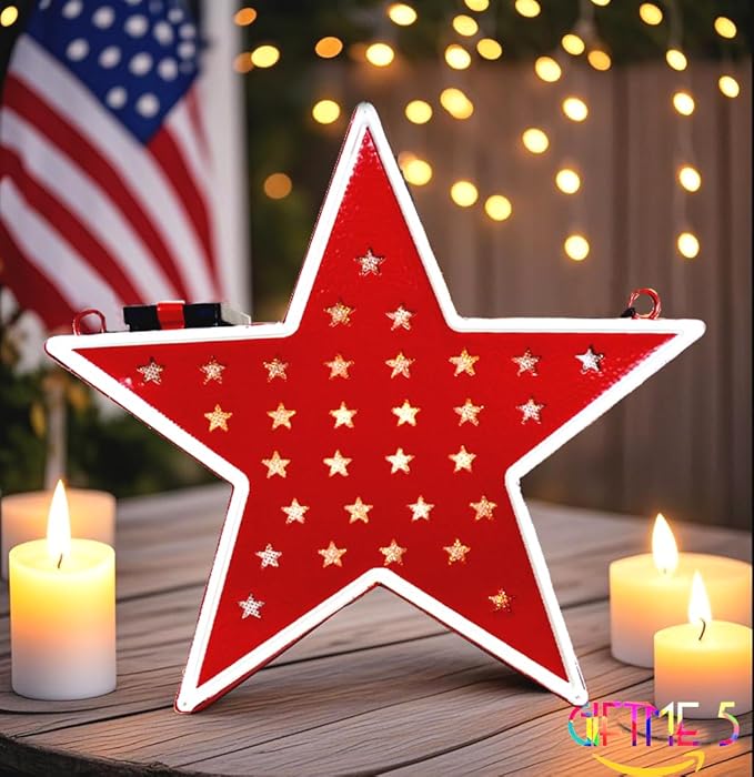 Star Solar Light Patriotic Decor for Outdoor-Garden,Patio,Tree,July 4th Country Star Indoor/Outdoor Memorial Day Decoration,Red