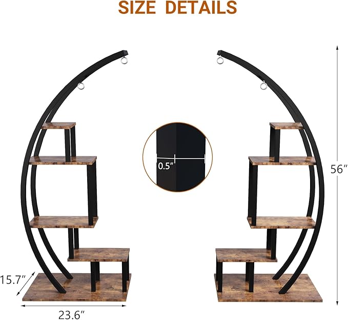 CABIHOME 5-Tier Tall Metal Indoor Plant Stand - Half-Moon Garden Plant Holder w/ 4 Hanging Hooks - Round Flower Shelf Rack for Home, Balcony, Living Room & Garden Decor