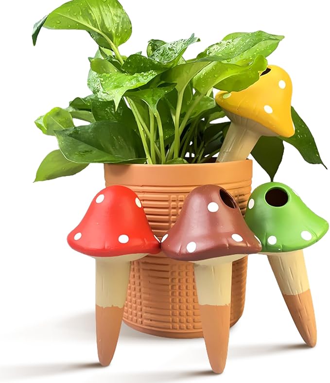 FirstGift 4 Pack Plant Self-Watering Stakes Terracotta Automatic Plant Waterer Devices Watering Globes Self-Watering Clay Planters Devices Perfect for Vacation Garden Plant Care (Mushroom)