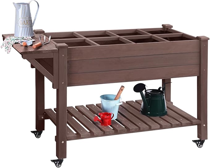 GUTINNEEN Raised Garden Bed for Herbs, Patio Elevated Flower Planter Vegetable Boxes with Grow Grid - Large Storage Shelf Brown