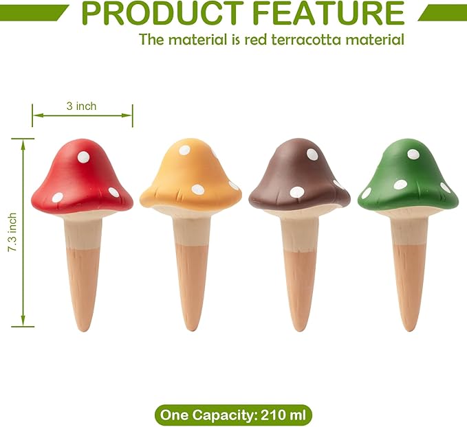 FirstGift 4 Pack Plant Self-Watering Stakes Terracotta Automatic Plant Waterer Devices Watering Globes Self-Watering Clay Planters Devices Perfect for Vacation Garden Plant Care (Mushroom)