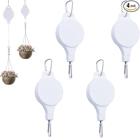 Retractable Plant Hanger with Pulley System, Effortless Raising and Lowering for Indoor and Outdoor Plants, Hanging Planters, Garden Pots & Bird Feeders (4-Pack,White)