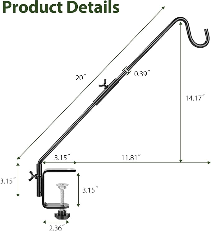 BOLITE Heavy Duty Deck Hook, 20 Inch Bird Feeder Hanger for Hummingbird Feeders, Planters, Lanterns, Wind Chimes, 360° Rotatable Arm, Black, Birthday Gifts for Women Men, Gifts for Mom Dad