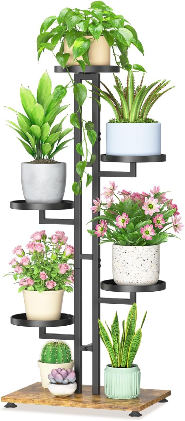 LASZOLA Black 5 Tiered Plant Stand Indoors Heavy Duty Metal Rack, Sturdy Multi Level Shleving Hold Flowers, Larger House Decorate Ladder for Planting Inside Tree Herb Cactus, Wooden Base, Space Saving