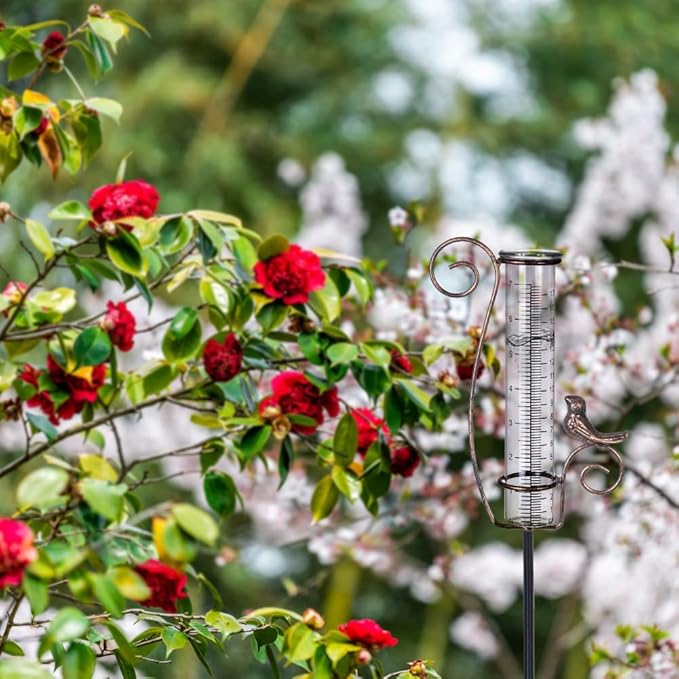 Rain Gauge Outdoor,7" Glass Rain Gauge with Metal Stake, Decorative Bird Rain Gauge for Yard Garden Lawn Decor