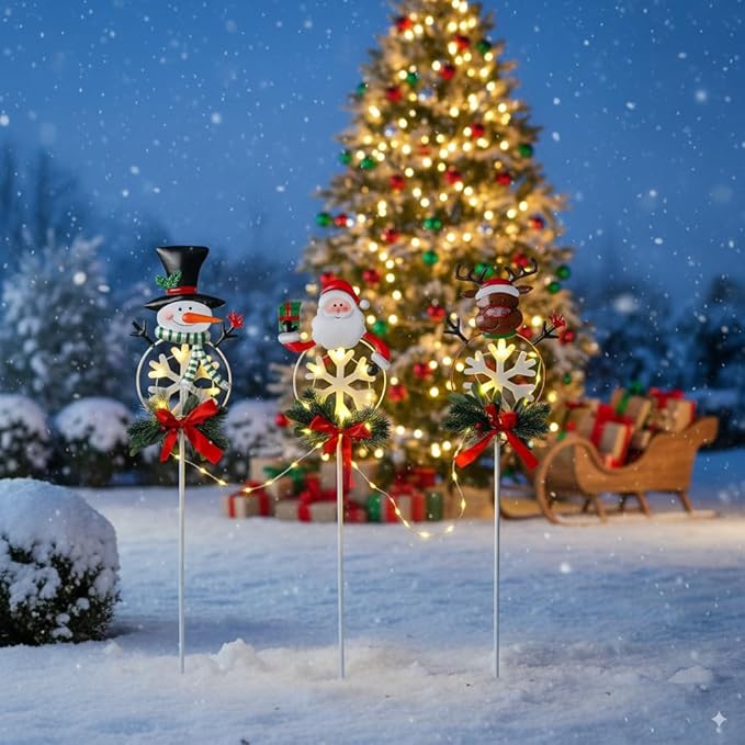 Christmas Yard Stakes Solar with Metal Santa, Snowman & Reindeer Set of 3, Christmas Grave Decorations with Solar String Lights for Outdoor Cemetery, Garden, Pathway, Porch