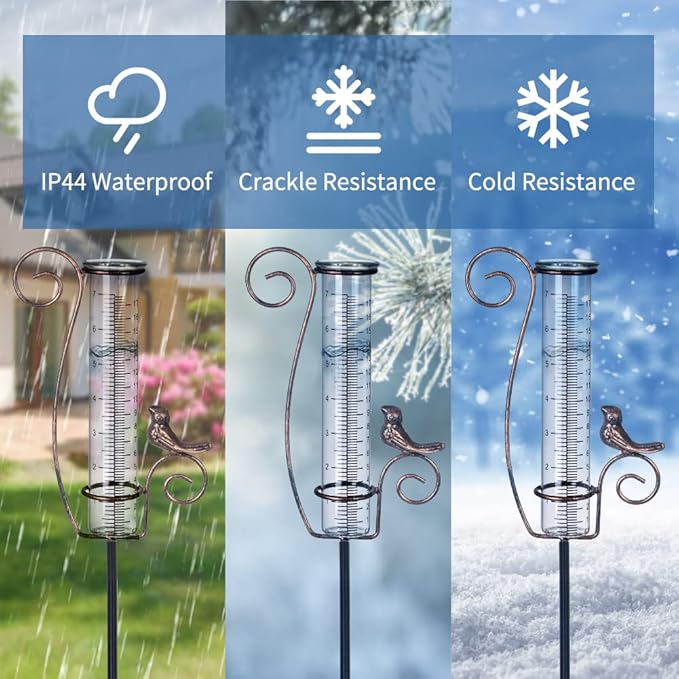 Rain Gauge Outdoor,7" Glass Rain Gauge with Metal Stake, Decorative Bird Rain Gauge for Yard Garden Lawn Decor