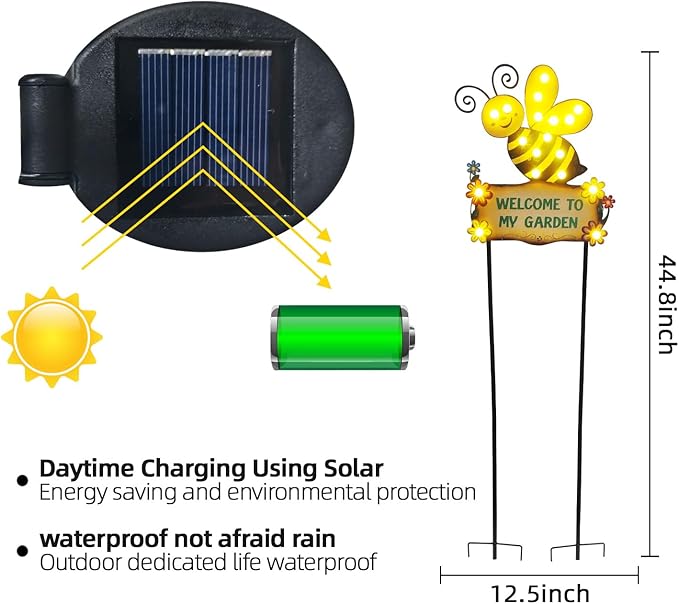 Large Yard Stakes 44.8" with Welcome to My Garden Sign, Solar Garden Lights Outdoor for Summer Decorations, Waterproof Metal Bee Decorative Yard Stakes