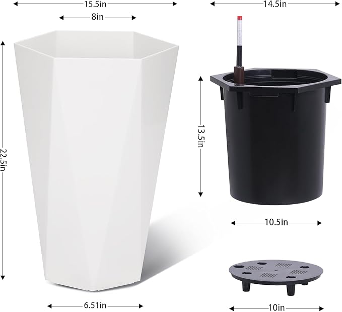 Set of 2 Tall Planters for Outdoor Plants, 22.5" Large Planter Pots with Drainage Holes & Water Level Monitor, Self-Watering Flower Pots for Patio, Porch, Garden, Front Door Decor, Indoor Outdoor