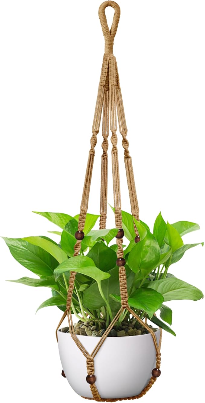 USLAI Macrame Plant Hanger Indoor Outdoor, Up to 4-15 inch Pot, Strong Hanging Planter Basket, Boho Home Decor, 35 Inch, Brown (POTS NOT Included)