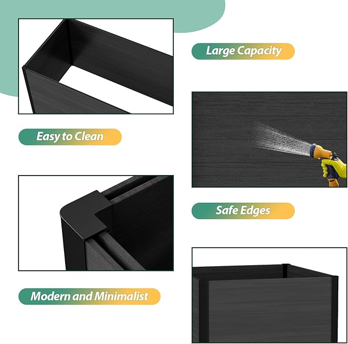 Raised Garden Bed - Expandable Design with Composite Panels & Aluminum Frame - Perfect for Flowers, Vegetables, Herbs - Outdoor Planter Cuboid Box for Patio, Balcony, Backyard (Black)