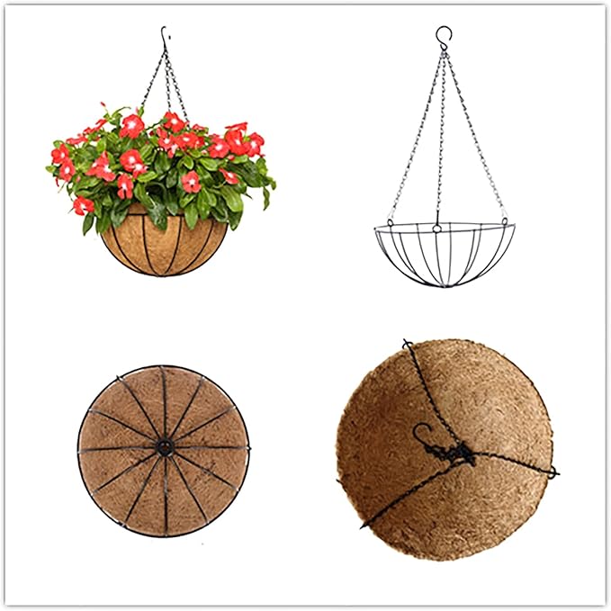 Outdoor Metal Hanging Planters Basket (4pack, 12 inch) Hanging Baskets for Plants Chain Round Wire Plant Holder with Coco Fiber Liners for Garden, Patio, Deck, Porch