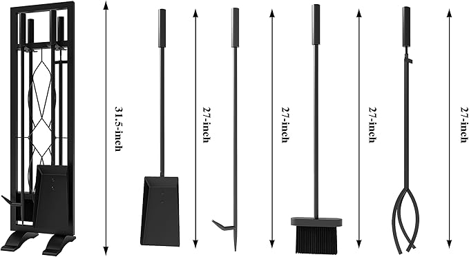 Fire Beauty Fireplace Tools Set 5 Pieces Fireside Accessories Fire Kit Stand Woodstove Tools Holder Wrought Iron Handle Indoor Fireset Stand