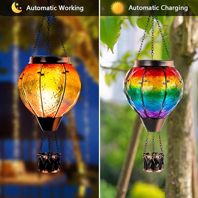 DREAMSOUL Rainbow Hot Air Balloon Solar Lantern, Metal & Glass Solar Lantern with Flickering Flame, Hanging Solar Lanterns Outdoor Waterproof for Lawn, Patio, Tree Decor
