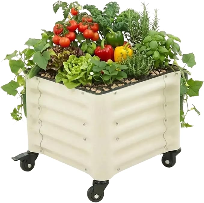 Vego garden Classic Rolling Garden Bed – 1.75' Mobile Metal Raised Garden Bed for Patio, Deck, Balcony – Deep Planting Space, Durable & Easy to Move (Pearl White, 1.75'X1.75')