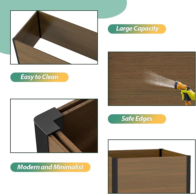 Modular Raised Garden Bed - Expandable Design with Composite Panels & Aluminum Frame - Perfect for Flowers, Vegetables, Herbs - Outdoor Planter Cuboid Box for Patio, Balcony, Backyard (Brown)