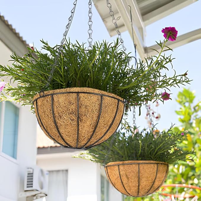 Orgrimmar 2 Pack 14" Metal Hanging Planter Basket with Coco Coir Liner, Small Round Wire Plant Holder with Chain for Hanging Plant and Flower