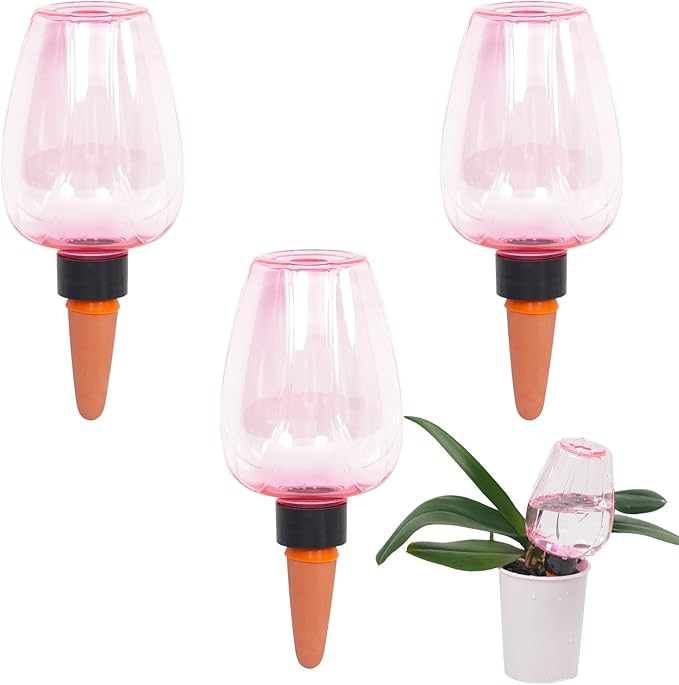 3pcs Plant Self Watering Globes, Plastic Water Bulbs Top Fill, 12.3 oz Plant Watering Devices System Slow Release Terracotta, Water Spikes Stakes for Indoor (Pink-3pack)