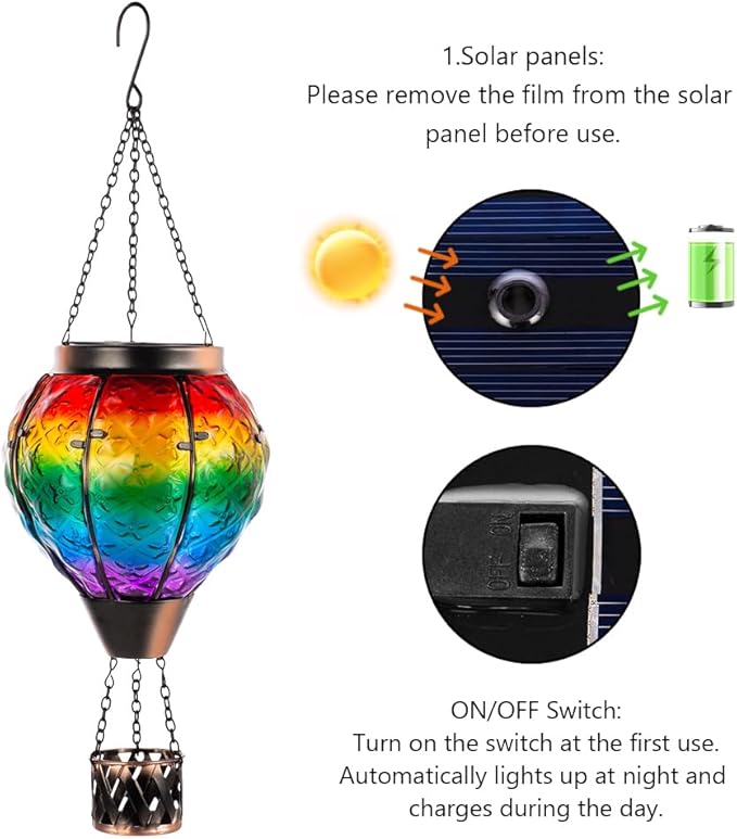 DREAMSOUL 2 PCS Rainbow Solar Hot Air Balloon Lantern with Flame, Metal & Glass Solar Lanterns Outdoor Waterproof for Lawn Patio Tree Decor