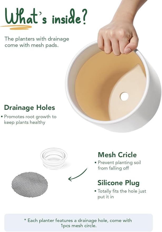 LE TAUCI 8 Inch Plant Pot, Ceramic Pot with Drainage Hole & Rubber Plug, Indoor Planter for Herbs & Small Houseplants, Cylinder Planter for Home Office, White