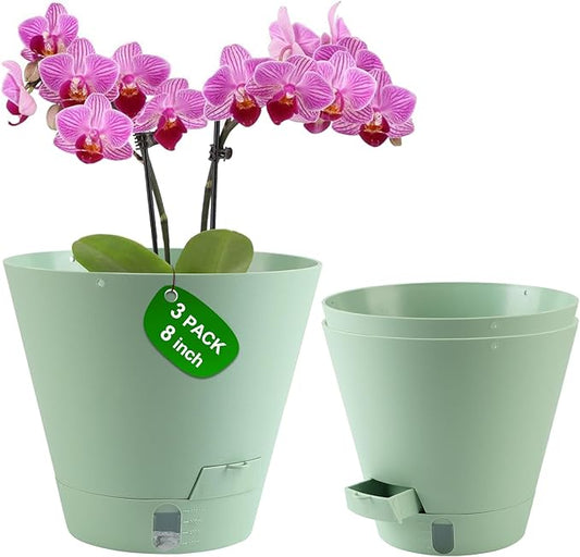 Self-Watering-Pots-for-Indoor-Plants, 8 Inch Flower Pots for Indoor Plants, 3 Packs Plastic Planters with Drainage Holes and Saucers
