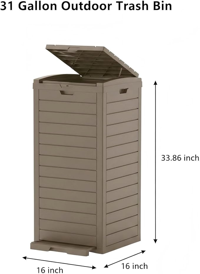 31 Gallon Resin Trash Can Cabinet with Lid & Drip Tray - Waterproof Outdoor Garbage Bin for Patio, Kitchen, Yard, and Entertaining Areas - Easy Assembly, No Tools Required