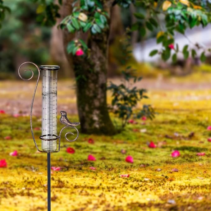 Rain Gauge Outdoor,7" Glass Rain Gauge with Metal Stake, Decorative Bird Rain Gauge for Yard Garden Lawn Decor
