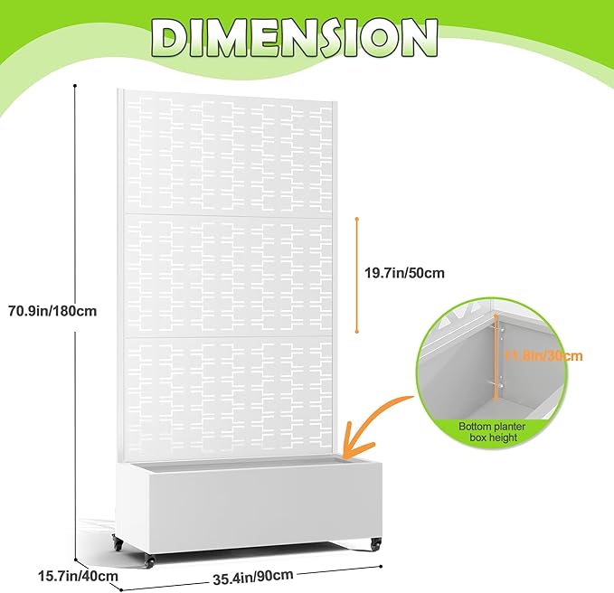 15.7"×70.9"×35.4" Metal Raised Garden Bed with Trellis and Wheels - Tall Trellis Planter Box for Climbing Plants, Vegetables & Vines - Outdoor Privacy Planters for Patio (White-Brick)