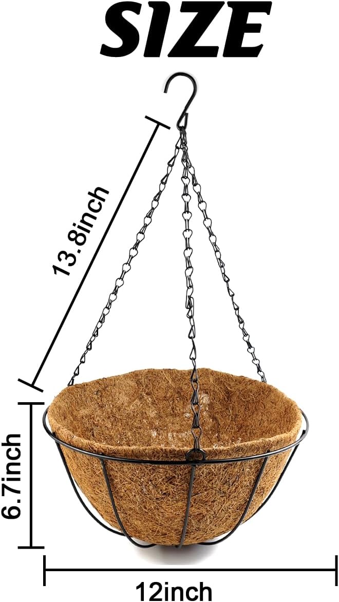 TIHOOD 2 Pack 12 inch Hanging Planter Basket Outdoor Large Hanging Flower Pots Indoor with Coco Coir Liner Round Wire Plant Holder Chain Hanging Basket Garden for Home Decor Balcony Office (2)