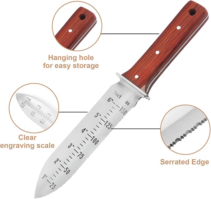 Garden Shovel Saw,Multifunctional Manual Weeding Tool for Weeding,Digging,Pruning,Cultivating, 7" Stainless Steel Blade with Sheath, Full-Tang Wood Handle with Hanging Hole (red)