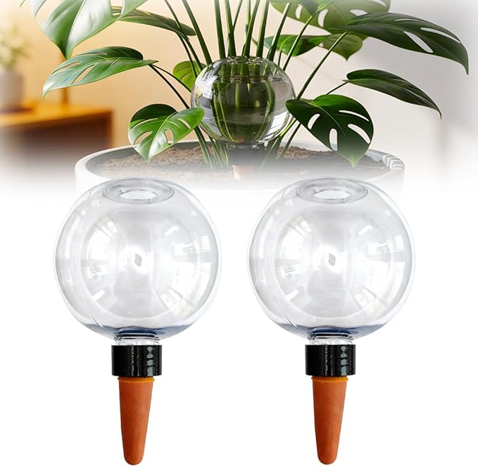 Self-Watering Globes for Indoor Plants, Clear Glass Automatic Watering Planter Insert, Self-Watering System Spikes for Release Terracotta Planter, Watering Bulbs with Slow Release (2PCS)
