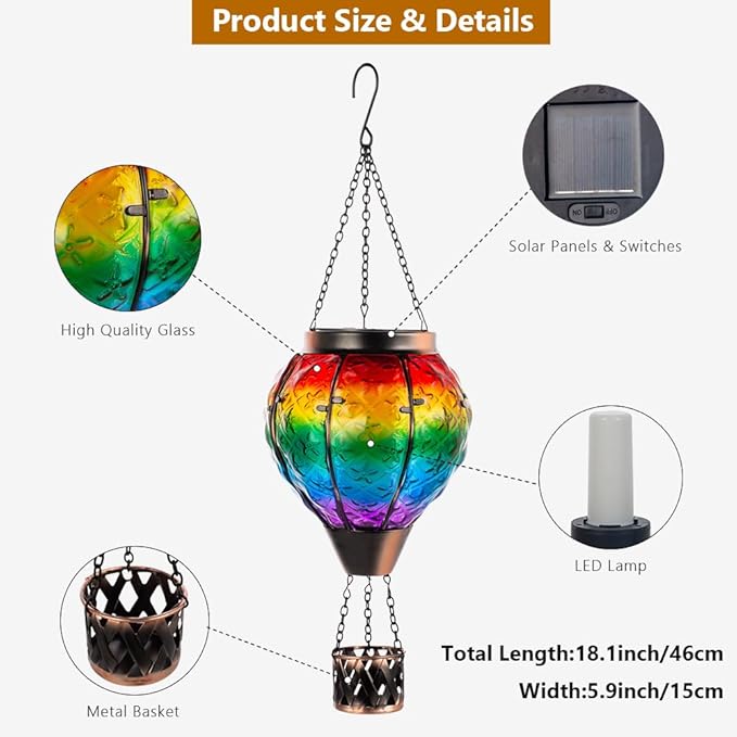 DREAMSOUL 2 PCS Rainbow Solar Hot Air Balloon Lantern with Flame, Metal & Glass Solar Lanterns Outdoor Waterproof for Lawn Patio Tree Decor