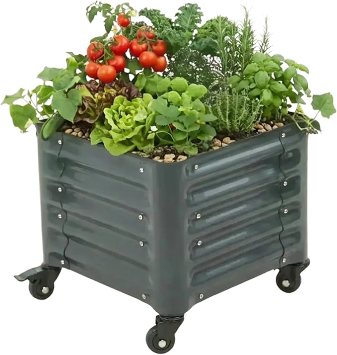 Vego garden Classic Rolling Garden Bed – 1.75' Mobile Metal Raised Garden Bed for Patio, Deck, Balcony – Deep Planting Space, Durable & Easy to Move (Modern Gray, 1.75'X1.75')