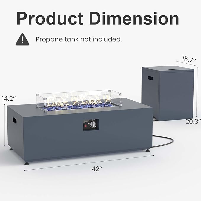 42" Propane Fire Pit Table Set with Tank Holder, Rectangle 2-Piece Outdoor Firepit Wind Guard, Lid, Glass Stones and Cover