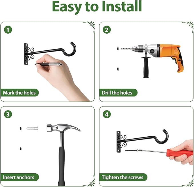 BOLITE Plant Hangers, 8 Inch Plant Hooks for Wall Indoor Outdoor, Metal Hooks for Hanging Hummingbird Feeders, Bird Feeders, Planters, Lanterns, Wind Chimes, 2 Pack, Black, Gifts for Women Men